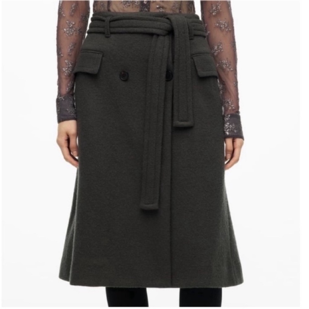ZARA Limited Edition Wool-Blend Dark Gray Mid-Length Belted Skirt Size Small